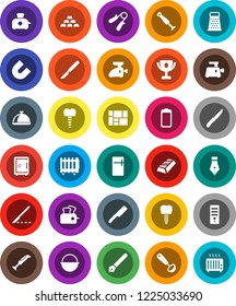White Solid Icon Set- camping cauldron vector, ladle, knife, grater, dish, pen, award cup, magnet, gold ingot, safe, hand trainer, consolidated cargo, battery, scalpel, tooth implant, fridge, heater