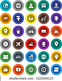 White Solid Icon Set- camping cauldron vector, backpack, compass, school bus, world, bike, signpost, navigator, earth, map pin, Railway carriage, plane, ship, route, globe, mountain