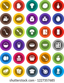 White Solid Icon Set- camping cauldron vector, pan, oil, colander, cook hat, glove, skimmer, spatula, ladle, oven, cookbook, sieve, cereal, egg, mushroom, potato, steak, apple fruit, breads, fridge