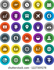 White Solid Icon Set- camping cauldron vector, backpack, compass, school bus, world, bike, signpost, navigator, earth, map pin, plane, ship, route, Railway carriage, globe, mountain
