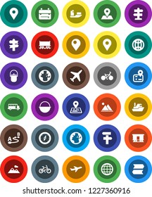 White Solid Icon Set- camping cauldron vector, backpack, compass, school bus, world, bike, signpost, navigator, earth, map pin, Railway carriage, plane, ship, route, globe, mountain