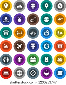 White Solid Icon Set- camping cauldron vector, backpack, compass, school bus, world, bike, signpost, navigator, earth, map pin, Railway carriage, plane, ship, route, globe, mountain