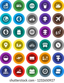 White Solid Icon Set- camping cauldron vector, backpack, compass, school bus, world, bike, signpost, navigator, earth, Railway carriage, plane, ship, route, globe, pin, mountain