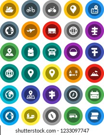 White Solid Icon Set- camping cauldron vector, backpack, compass, school bus, world, bike, signpost, navigator, earth, map pin, Railway carriage, plane, ship, route, globe, mountain