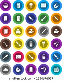 White Solid Icon Set- camping cauldron vector, spatula, ladle, knife, grater, toaster, blender, dish, pen, magnet, safe, hand trainer, battery, tooth implant, fridge, meat grinder, computer, heater