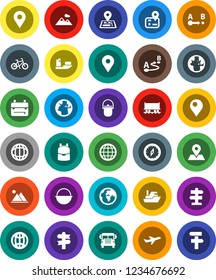 White Solid Icon Set- camping cauldron vector, backpack, compass, school bus, world, bike, signpost, navigator, earth, map pin, Railway carriage, plane, ship, route, globe, mountain