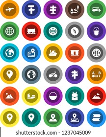White Solid Icon Set- camping cauldron vector, backpack, compass, school bus, world, bike, signpost, navigator, earth, map pin, Railway carriage, plane, ship, route, globe, mountain