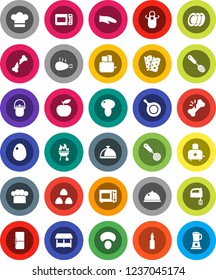 White Solid Icon Set- camping cauldron vector, pan, cook hat, apron, glove, skimmer, mixer, toaster, microwave oven, bbq, plates, dish, cereal, egg, mushroom, chicken leg, oil, diet, breads, fridge