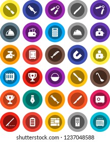 White Solid Icon Set- camping cauldron vector, spatula, ladle, knife, grater, toaster, blender, dish, pen, award cup, magnet, safe, hand trainer, consolidated cargo, battery, scalpel, meat grinder