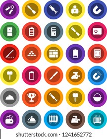 White Solid Icon Set- camping cauldron vector, spatula, toaster, blender, dish, award cup, magnet, safe, gold ingot, hand trainer, consolidated cargo, battery, scalpel, tooth implant, fridge, heater