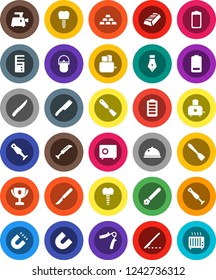 White Solid Icon Set- camping cauldron vector, spatula, knife, toaster, blender, dish, pen, award cup, magnet, gold ingot, safe, hand trainer, battery, scalpel, tooth implant, meat grinder, computer