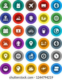 White Solid Icon Set- camping cauldron vector, backpack, compass, world, bike, signpost, navigator, earth, map pin, Railway carriage, plane, ship, route, globe, mountain