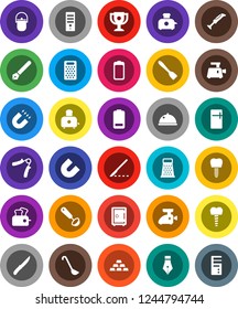 White Solid Icon Set- camping cauldron vector, spatula, ladle, knife, grater, toaster, dish, pen, award cup, magnet, safe, gold ingot, hand trainer, battery, scalpel, tooth implant, fridge, blender