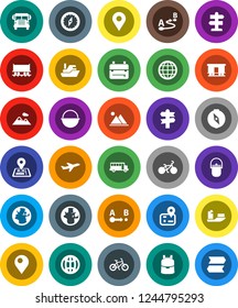 White Solid Icon Set- camping cauldron vector, backpack, compass, school bus, world, bike, signpost, navigator, earth, Railway carriage, plane, ship, route, globe, pin, mountain
