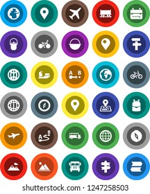 White Solid Icon Set- camping cauldron vector, backpack, compass, school bus, world, bike, signpost, navigator, earth, map pin, Railway carriage, plane, ship, route, globe, mountain