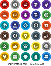 White Solid Icon Set- camping cauldron vector, backpack, compass, school bus, world, bike, signpost, navigator, earth, map pin, Railway carriage, plane, ship, route, globe, mountain