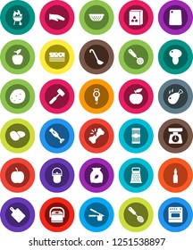 White Solid Icon Set- camping cauldron vector, colander, scales, cook glove, press, skimmer, ladle, meat hammer, cutting board, grater, blender, bbq, cereal, pasta, mushroom, potato, chicken leg
