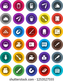 White Solid Icon Set- camping cauldron vector, spatula, knife, toaster, dish, pen, magnet, gold ingot, safe, hand trainer, consolidated cargo, battery, scalpel, meat grinder, blender, computer
