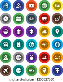 White Solid Icon Set- camping cauldron vector, backpack, compass, school bus, world, bike, signpost, navigator, earth, map pin, Railway carriage, plane, ship, route, globe, mountain