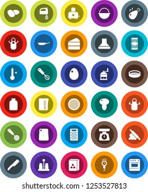 White Solid Icon Set- camping cauldron vector, pan, measuring cup, scales, apron, whisk, skimmer, knife, rolling pin, cutting board, hand mill, grater, mixer, toaster, spices, thermometer, sieve