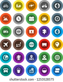 White Solid Icon Set- camping cauldron vector, backpack, compass, school bus, world, bike, signpost, navigator, earth, map pin, Railway carriage, plane, ship, route, globe, mountain