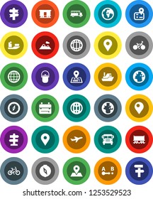 White Solid Icon Set- camping cauldron vector, backpack, compass, school bus, world, bike, signpost, navigator, earth, map pin, Railway carriage, plane, ship, route, globe, mountain