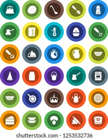 White Solid Icon Set- camping cauldron vector, pan, kettle, colander, measuring cup, apron, towel, cook timer, whisk, skimmer, ladle, rolling pin, hand mill, turk coffee, oven, thermometer, plates