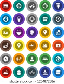 White Solid Icon Set- camping cauldron vector, backpack, compass, school bus, world, bike, signpost, navigator, earth, map pin, Railway carriage, plane, ship, route, globe, mountain