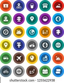 White Solid Icon Set- camping cauldron vector, backpack, compass, school bus, world, bike, signpost, navigator, earth, map pin, plane, ship, route, Railway carriage, globe, mountain