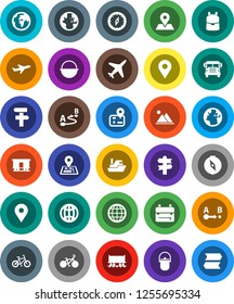White Solid Icon Set- camping cauldron vector, backpack, compass, school bus, world, bike, signpost, navigator, earth, map pin, Railway carriage, plane, ship, route, globe, mountain