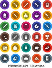 White Solid Icon Set- camping cauldron vector, spatula, ladle, knife, grater, toaster, blender, dish, pen, award cup, magnet, gold ingot, safe, consolidated cargo, battery, scalpel, meat grinder