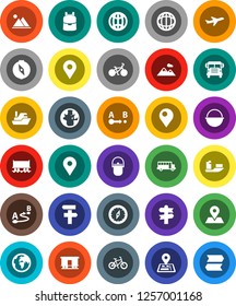 White Solid Icon Set- camping cauldron vector, backpack, compass, school bus, world, bike, signpost, navigator, earth, map pin, Railway carriage, plane, ship, route, globe, mountain