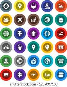 White Solid Icon Set- camping cauldron vector, backpack, school bus, world, bike, signpost, navigator, earth, map pin, Railway carriage, plane, ship, route, globe, mountain