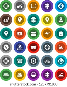 White Solid Icon Set- camping cauldron vector, backpack, compass, school bus, world, bike, signpost, navigator, earth, map pin, Railway carriage, plane, ship, route, globe, mountain