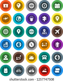 White Solid Icon Set- camping cauldron vector, backpack, compass, school bus, world, bike, signpost, navigator, earth, map pin, plane, ship, route, Railway carriage, globe, mountain