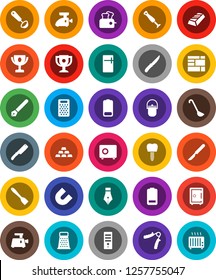 White Solid Icon Set- camping cauldron vector, spatula, ladle, knife, grater, pen, award cup, magnet, gold ingot, safe, hand trainer, consolidated cargo, battery, scalpel, tooth implant, fridge