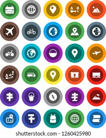 White Solid Icon Set- camping cauldron vector, backpack, compass, school bus, world, bike, signpost, navigator, earth, map pin, Railway carriage, plane, route, globe, mountain
