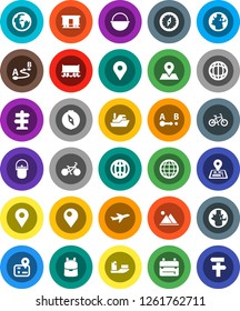 White Solid Icon Set- camping cauldron vector, backpack, compass, world, bike, signpost, navigator, earth, map pin, Railway carriage, plane, ship, route, globe, mountain