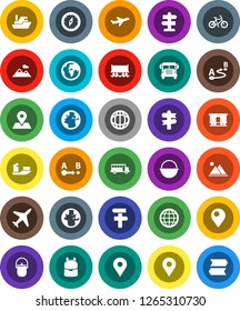 White Solid Icon Set- camping cauldron vector, backpack, compass, school bus, world, bike, signpost, earth, map pin, Railway carriage, plane, ship, route, globe, mountain