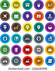 White Solid Icon Set- camping cauldron vector, backpack, compass, school bus, world, bike, signpost, navigator, earth, map pin, Railway carriage, plane, ship, route, globe, mountain