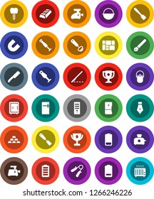 White Solid Icon Set- camping cauldron vector, spatula, ladle, knife, blender, pen, award cup, magnet, gold ingot, safe, hand trainer, consolidated cargo, battery, scalpel, tooth implant, fridge