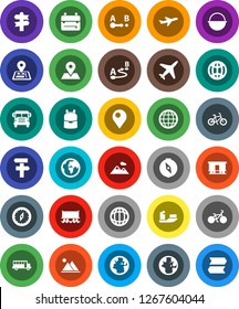 White Solid Icon Set- camping cauldron vector, backpack, compass, school bus, world, bike, signpost, navigator, earth, map pin, Railway carriage, plane, ship, route, globe, mountain