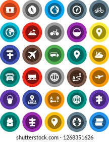 White Solid Icon Set- camping cauldron vector, backpack, compass, school bus, world, bike, signpost, navigator, earth, map pin, Railway carriage, plane, ship, route, globe, mountain