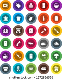 White Solid Icon Set- camping cauldron vector, colander, scales, cook hat, glove, press, spatula, meat hammer, cutting board, mixer, microwave oven, cookbook, spices, sieve, dish, jar, cereal, pasta