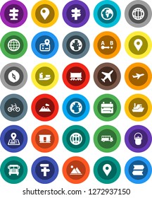 White Solid Icon Set- camping cauldron vector, backpack, compass, school bus, world, bike, signpost, navigator, earth, map pin, Railway carriage, plane, ship, route, globe, mountain