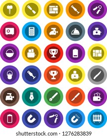 White Solid Icon Set- camping cauldron vector, spatula, knife, grater, toaster, blender, dish, pen, award cup, magnet, safe, hand trainer, consolidated cargo, battery, scalpel, tooth implant, heater