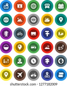 White Solid Icon Set- camping cauldron vector, backpack, compass, school bus, world, bike, signpost, navigator, map pin, Railway carriage, plane, ship, route, globe, mountain