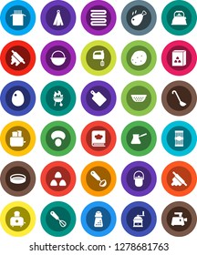 White Solid Icon Set- camping cauldron vector, kettle, colander, towel, whisk, ladle, rolling pin, cutting board, hand mill, turk coffee, mixer, toaster, cookbook, bbq, sieve, cereal, egg, pasta