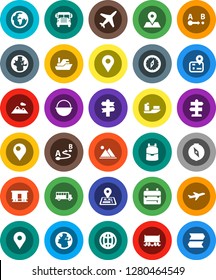 White Solid Icon Set- camping cauldron vector, backpack, compass, school bus, world, signpost, navigator, earth, map pin, Railway carriage, plane, ship, route, globe, mountain