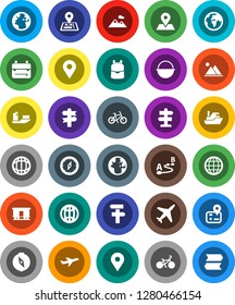 White Solid Icon Set- camping cauldron vector, backpack, compass, world, bike, signpost, navigator, earth, map pin, plane, ship, route, Railway carriage, globe, mountain